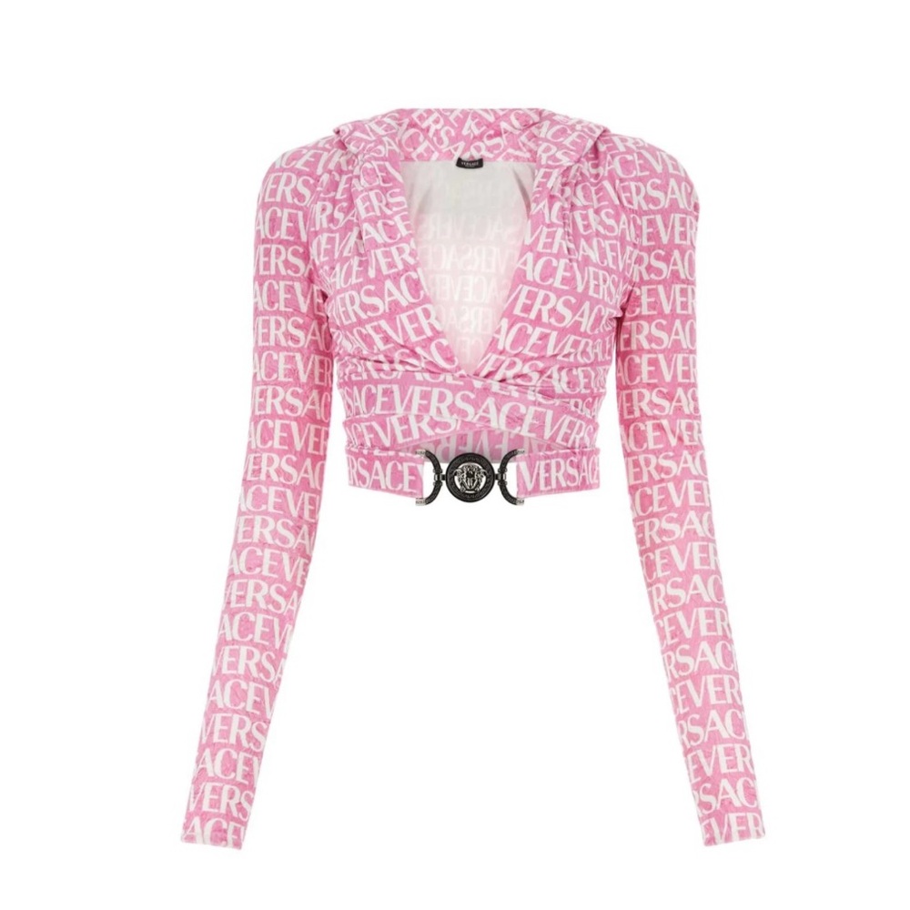 Versace Allover Logo Printed Velvet Cropped Hoodie